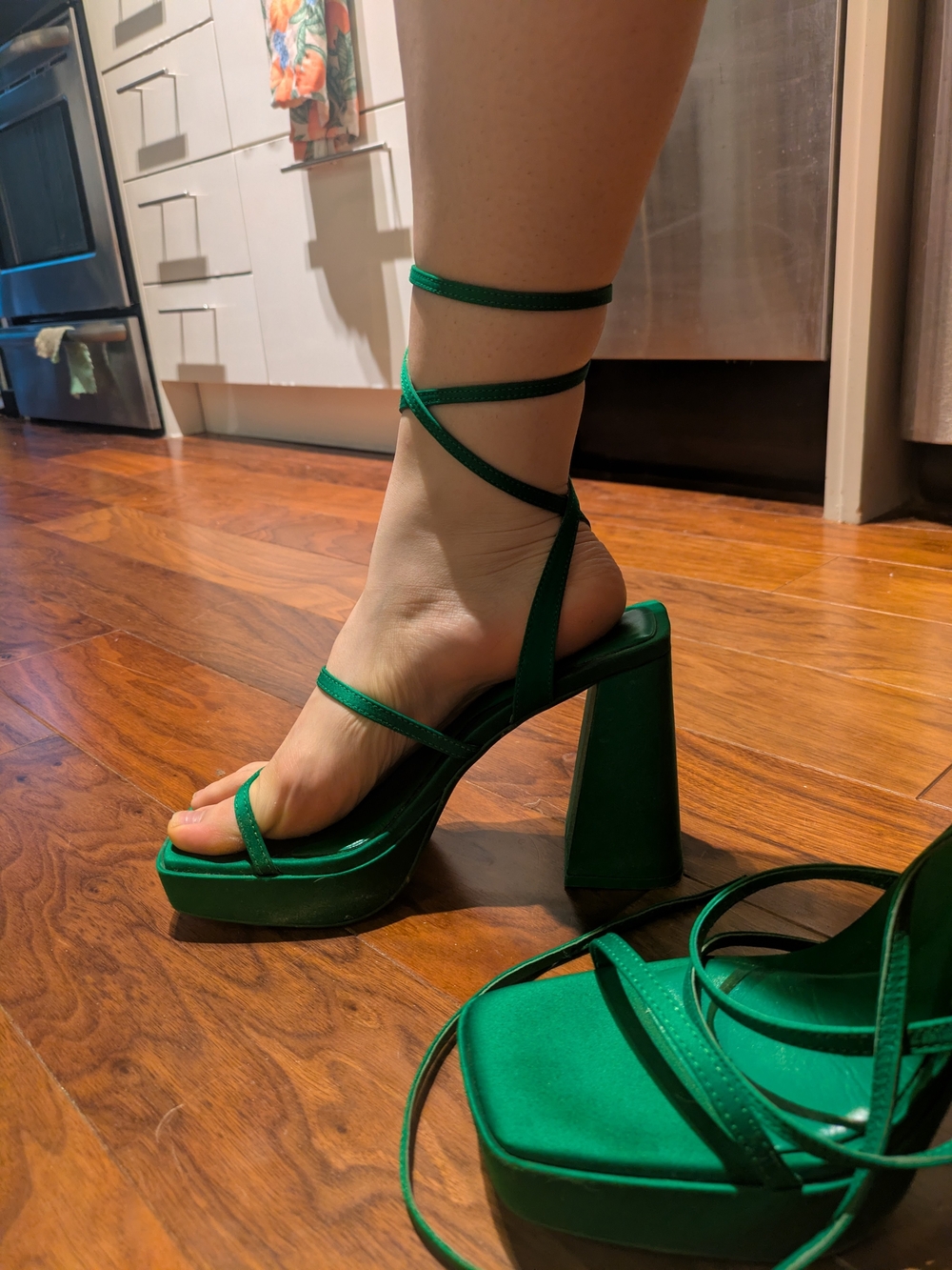 Emerald Green Satin Strappy Platform Heels